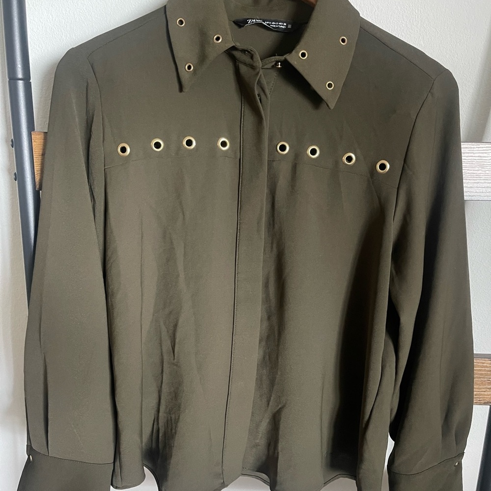 Zara Green button down blouse with Metal Grommets
